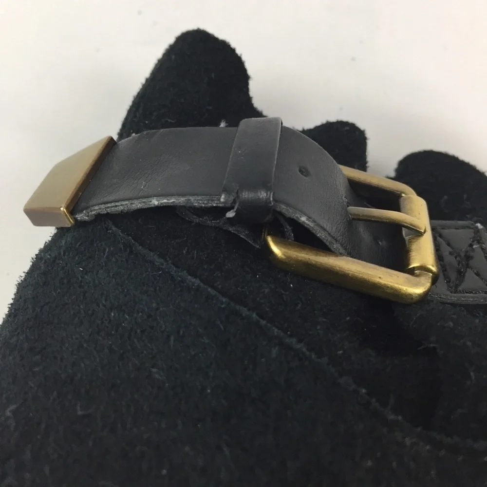 Franco Sarto Black Suede Leather Bootie Gold Buckle Sz 5.5
